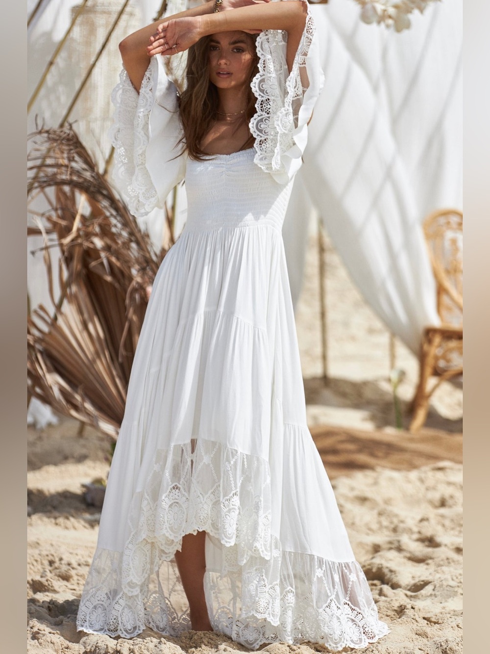 Smocked Lace-Trim High-Low Maxi Dress - White